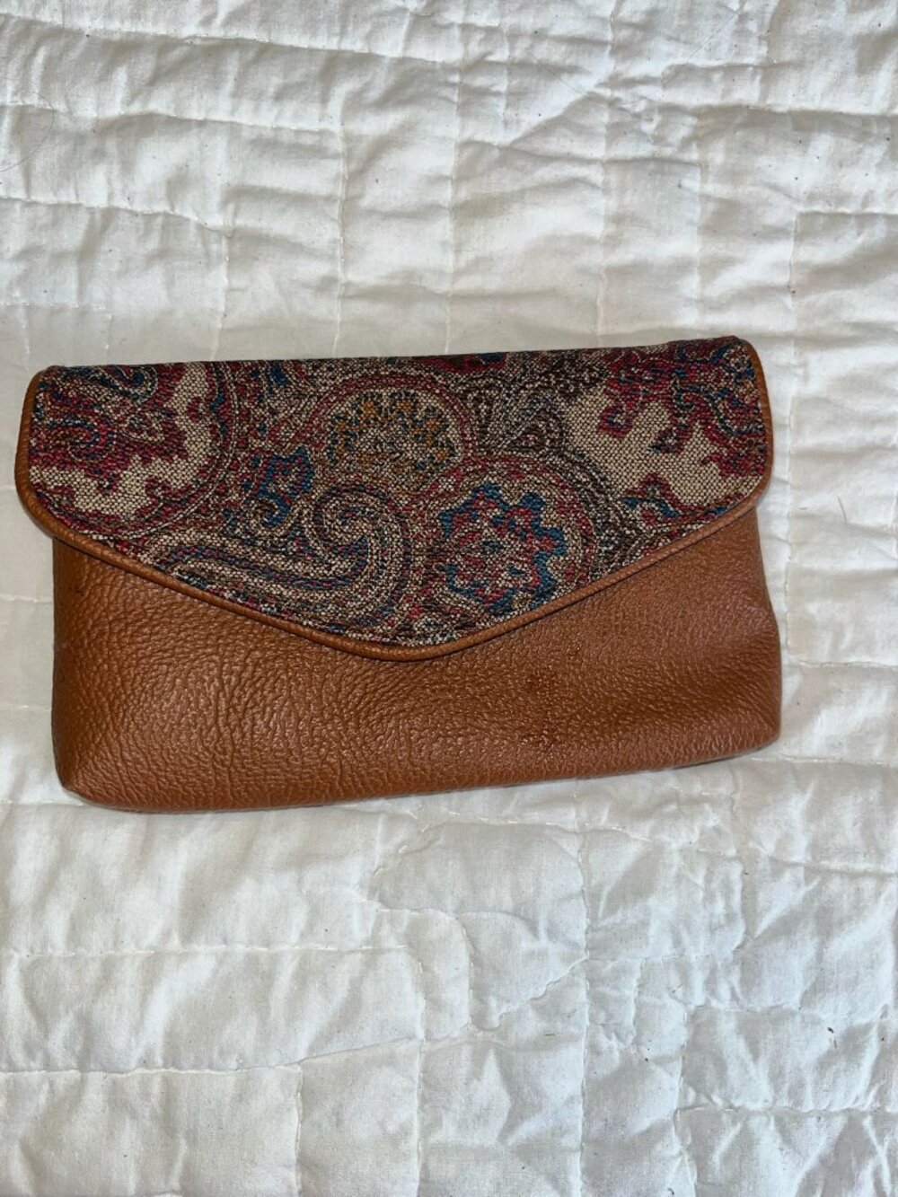 Vintage Brown Faux Leather & Tapestry Clutch With Card Holder & Multiple Compart